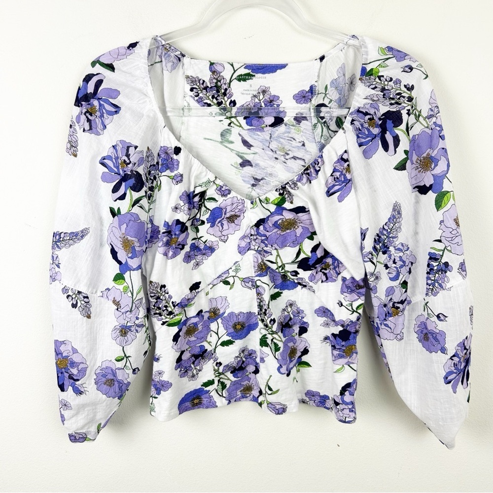 By Anthropologie V-neck ruched knit top purple coral 3/4 sleeve blouse size: S - Picture 2 of 13